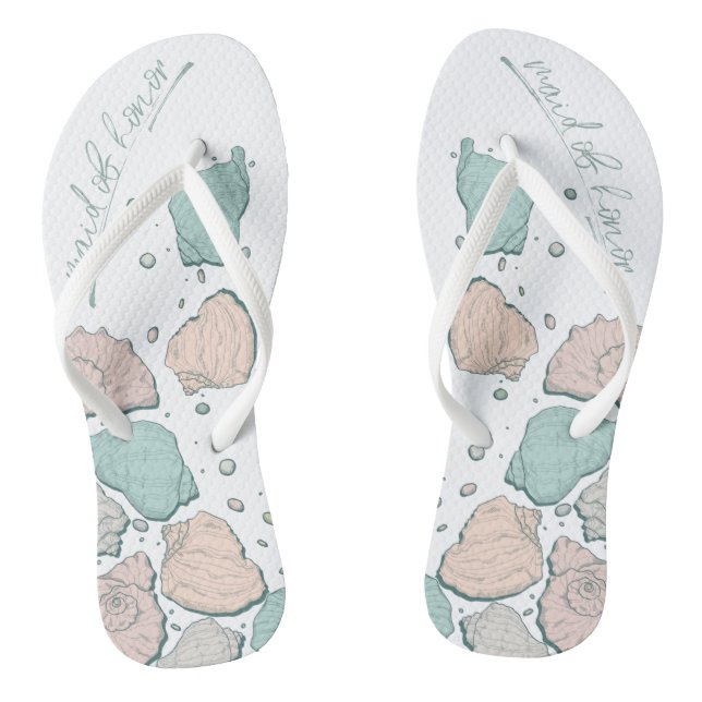 WEDDING SHOES | Modern Seashells Coral teal Flip Flops (Footbed)