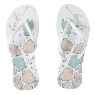 WEDDING SHOES   Modern Seashells Coral Teal Flip Flops