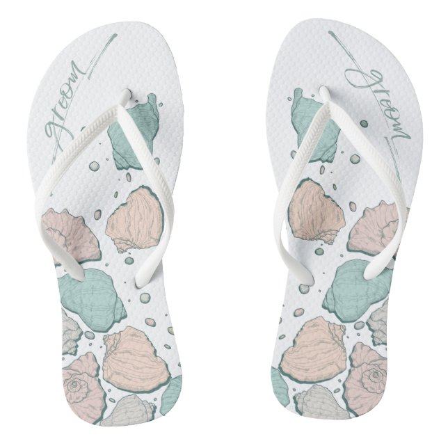 WEDDING SHOES | Modern Seashells Coral Teal Flip Flops (Footbed)