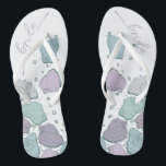 WEDDING SHOES | Modern Seashells Dusty Blue Lilac Flip Flops<br><div class="desc">A fun dusty blue and plum lilac seashell design. Handwritten calligraphy that says Bride - perfect for the bride to wear on the beach for her beach wedding ceremony. Design created for TheBarefootBride™ by © WhimsicalArtwork™. This is part of a wedding stationery suite collection with matching wedding accessories also baby...</div>