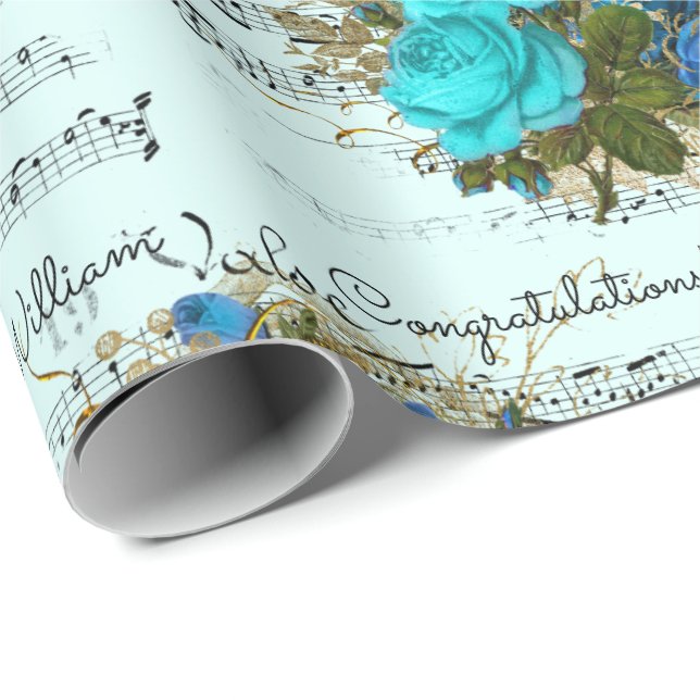 Wedding Shower Add Names Teal Blue Rose Ephemera Wrapping Paper (Roll Corner)