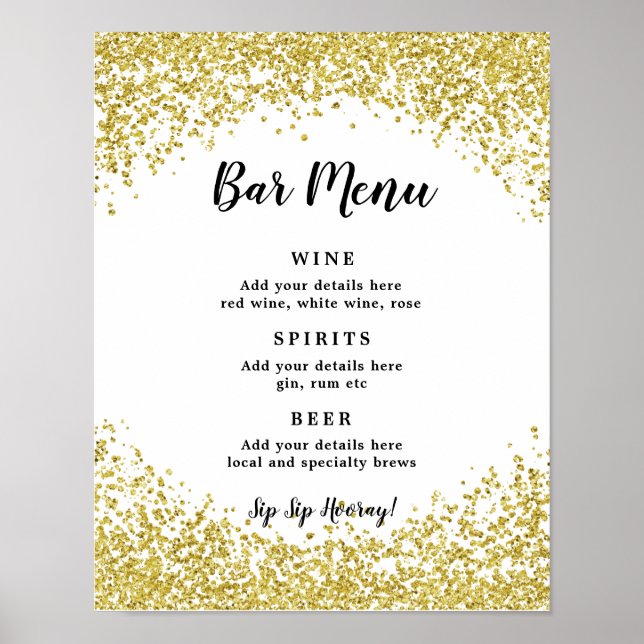 wedding shower Bar Menu Sign faux gold glitter (Front)