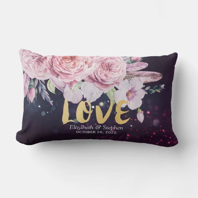 Wedding Shower Boho Floral Feather & Purple Lights Lumbar Pillow (Front)