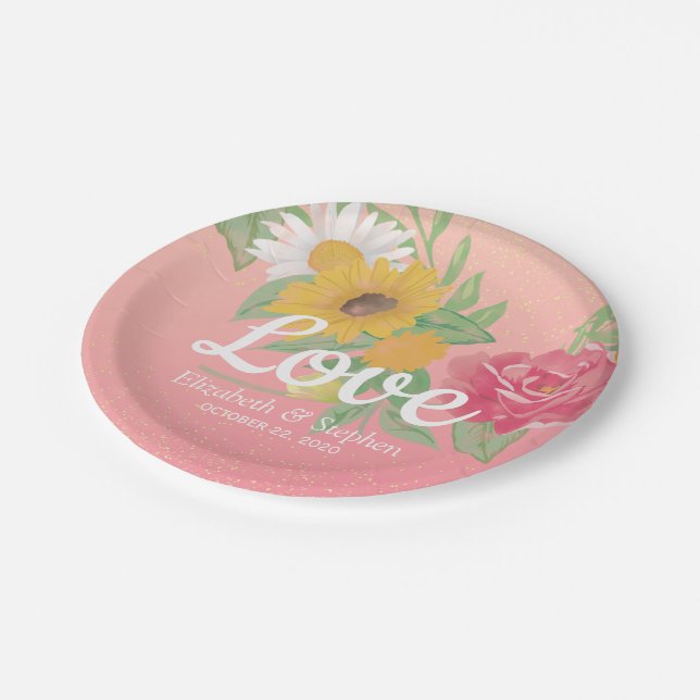 Wedding Shower Chic Rose Flowers Pink Gold Glitter Paper Plate (Angled)
