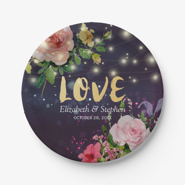 Wedding Shower Elegant Floral Purple Sparkle Light Paper Plate (Front)