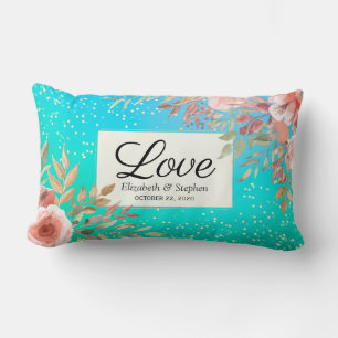 Wedding Shower Elegant Pink Floral Teal Gold Dots Lumbar Pillow