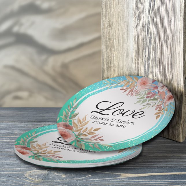 Wedding Shower Elegant Pink Floral Teal Gold Dots Paper Plate (Creator Uploaded)