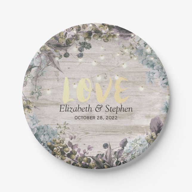 Wedding Shower Floral String Lights & Rustic Wood Paper Plate (Front)