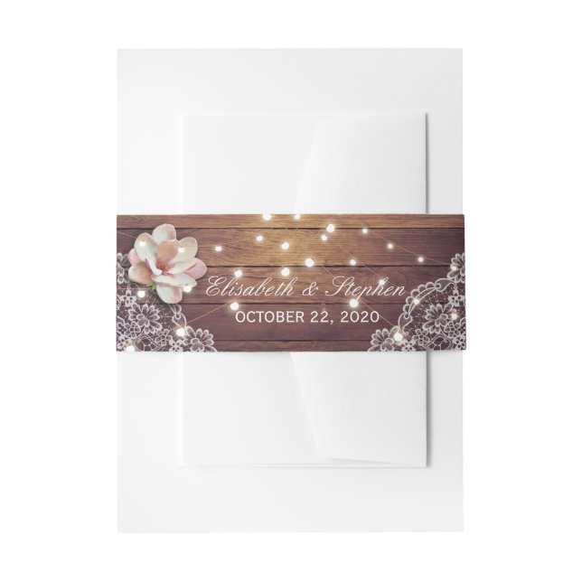 Wedding Shower Floral String Lights Wood Lace Deco Invitation Belly Band (Front Example)