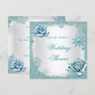 Wedding Shower Glitter Teal Blue White Roses Invitation