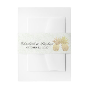 Wedding Shower Gold Foil Pineapples Damask Paper Invitation Belly Band