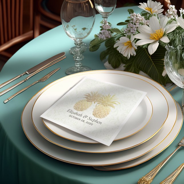 Wedding Shower Gold Foil Pineapples Damask Paper Napkin (Creator Uploaded)