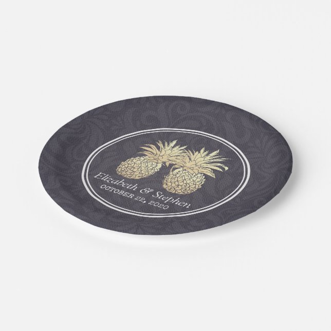 Wedding Shower Golden Pineapple Couple Navy Blue Paper Plate (Angled)