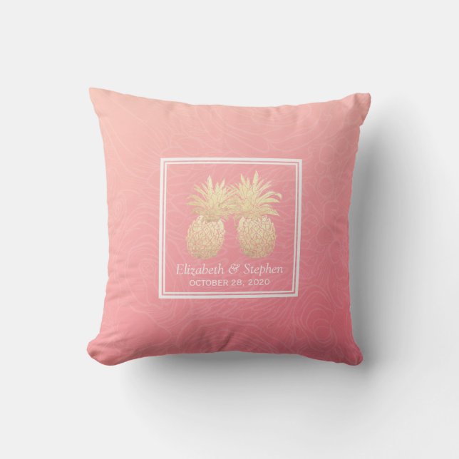 Wedding Shower Golden Pineapple Couple Pink Roses Throw Pillow (Front)