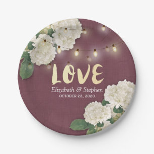 Wedding Shower Hydrangea String Light Burgundy Red Paper Plate