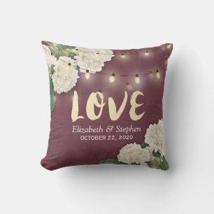 Wedding Shower Hydrangea String Light Burgundy Red Throw Pillow