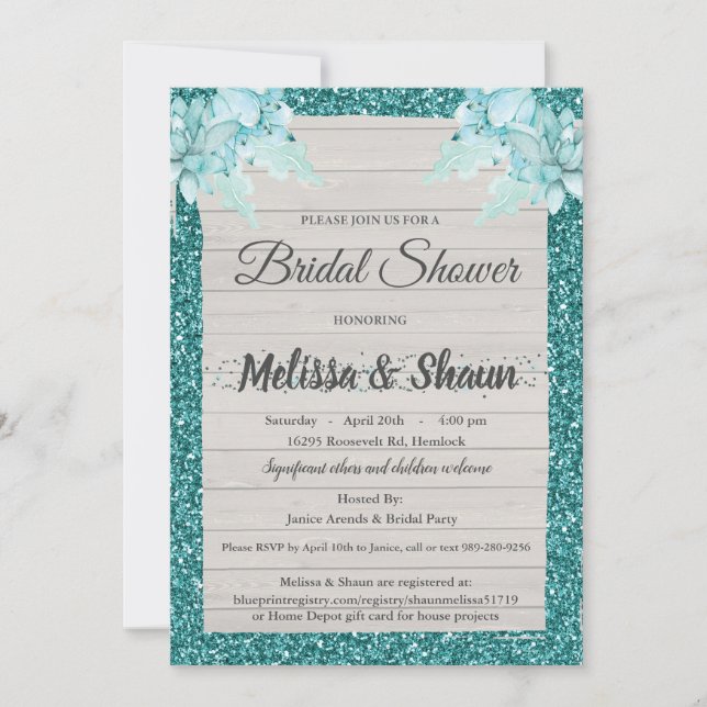 Wedding Shower Invite - Teal Rustic Bling (Front)
