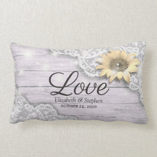 Wedding Shower Lace Sunflower Wood & String Lights Lumbar Pillow