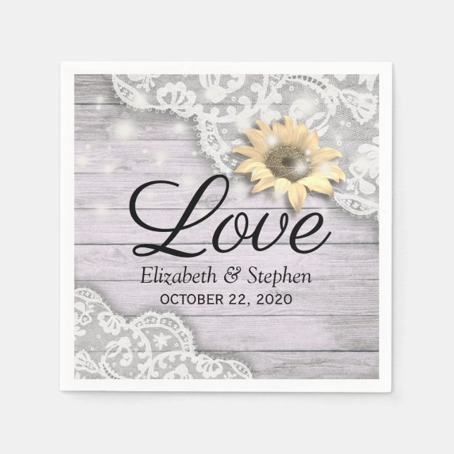 Wedding Shower Lace Sunflower Wood String Lights Napkin (Front)