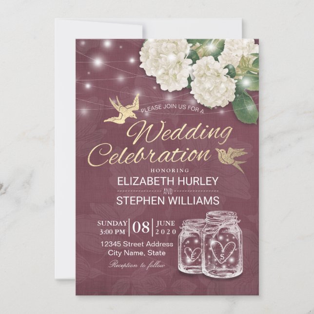 Wedding Shower Mason Jar Hydrangea Lights Burgundy Invitation (Front)