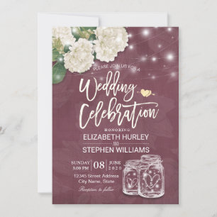 Wedding Shower Mason Jar Hydrangea Lights Burgundy Invitation