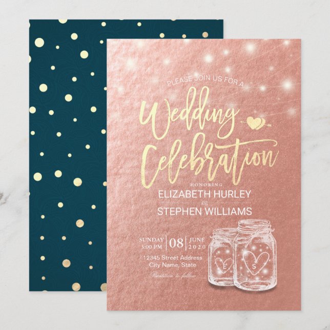 Wedding Shower Mason Jars String Lights Rose Gold Invitation (Front/Back)