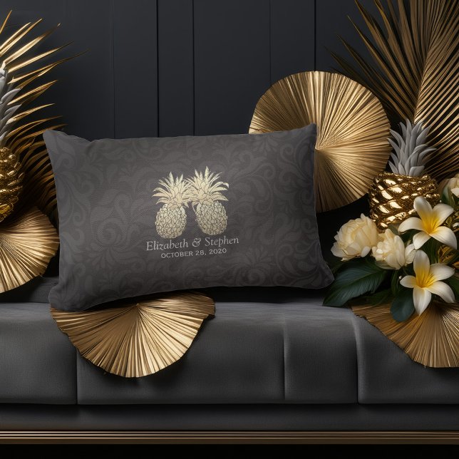 Wedding Shower Modern Black Gold Pineapple Couple Lumbar Pillow (Creator Uploaded)