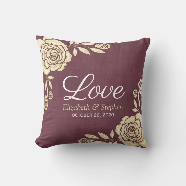 Wedding Shower Modern Golden Roses Burgundy Red Throw Pillow (Front)