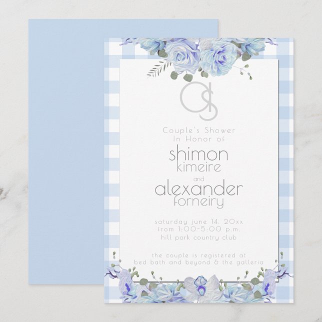 Wedding Shower |  Monogram, Painted Floral Blue Invitation (Front/Back)