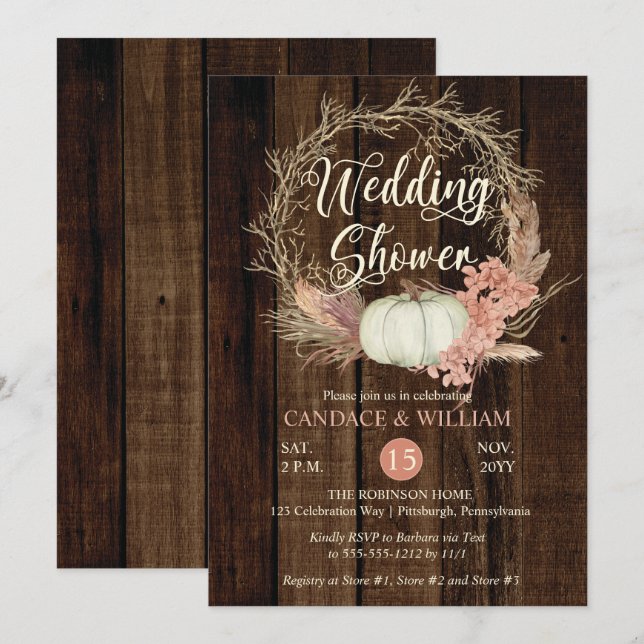 Wedding Shower - Rustic Pumpkin Pampas Wreath  Invitation (Front/Back)