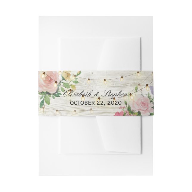 Wedding Shower Rustic Wood Floral String Lights Invitation Belly Band (Front Example)