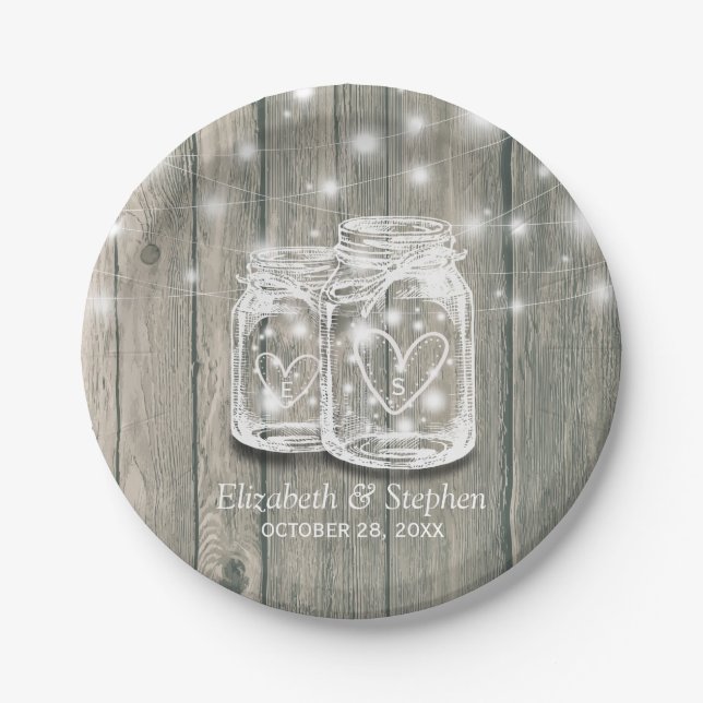 Wedding Shower Rustic Wood Mason Jar String Lights Paper Plate (Front)