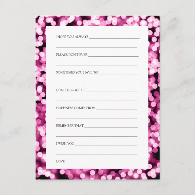 Wedding Shower Wishes Pink Sparkly Lights Advice Card (Front)