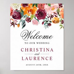 Wedding Sign   Burgundy Blush Pink Orange Flowers