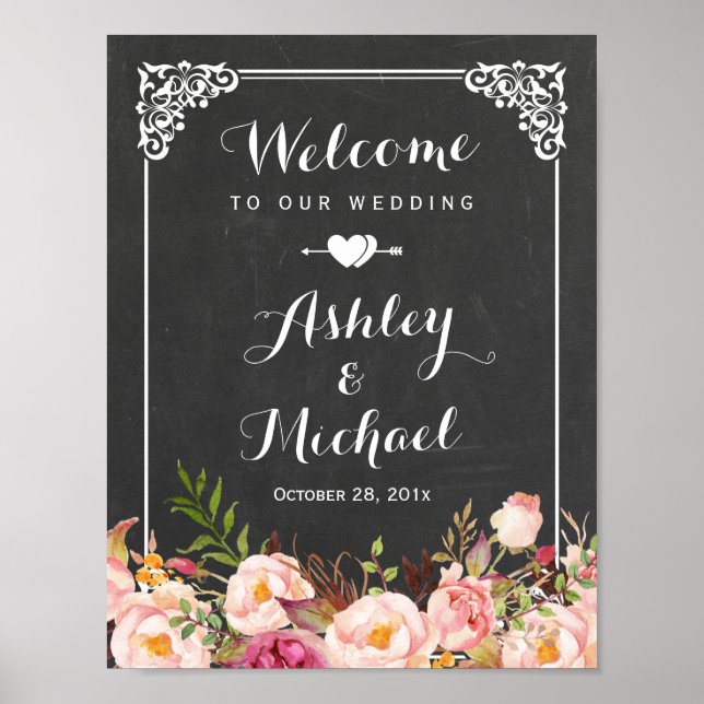 Wedding Sign Classy Vintage Chalkboard Floral (Front)