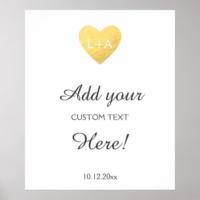 Wedding sign custom text, faux gold heart template (Front)