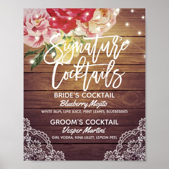 Wedding Signature Cocktail Drink Menu Wood Floral Poster (Front)