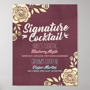 Wedding Signature Drink Menu Burgundy Golden Roses Poster