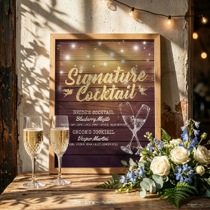 Wedding Signature Drink Menu Champagne Glass Wood Poster