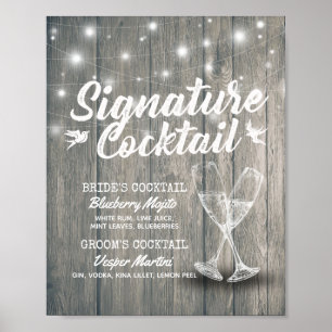 Wedding Signature Drink Menu Champagne Glass Wood Poster