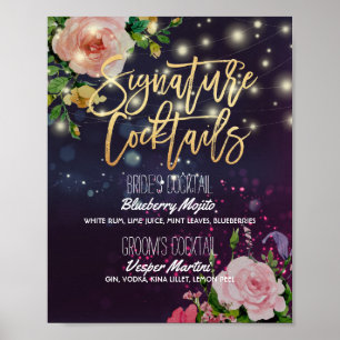 Wedding Signature Drink Menu Floral String Lights Poster