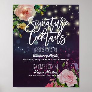 Wedding Signature Drink Menu Floral String Lights Poster