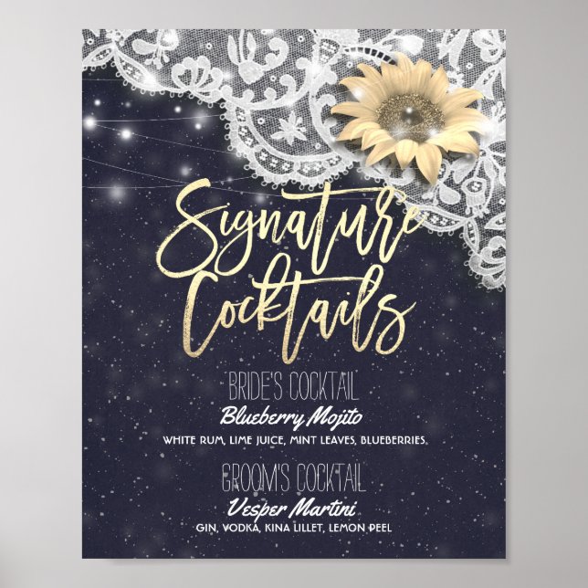 Wedding Signature Drink Menu Lace Sunflower Lights Poster (Front)