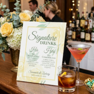 Wedding Signature Drinks Butter Yellow Boho Roses Pedestal Sign
