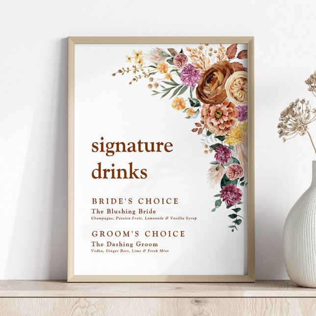 Wedding Signature Drinks Rustic Boho Floral Poster (Creator Uploaded)
