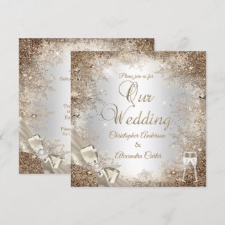 Wedding Silver Beige Cream Pearl Bow Snowflake 2 Invitation