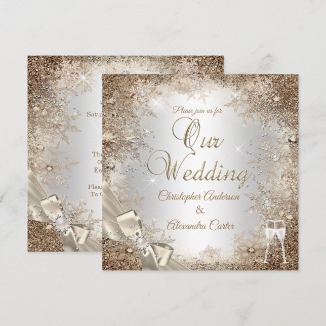 Wedding Silver Beige Cream Pearl Bow Snowflake 2 Invitation (Front/Back)