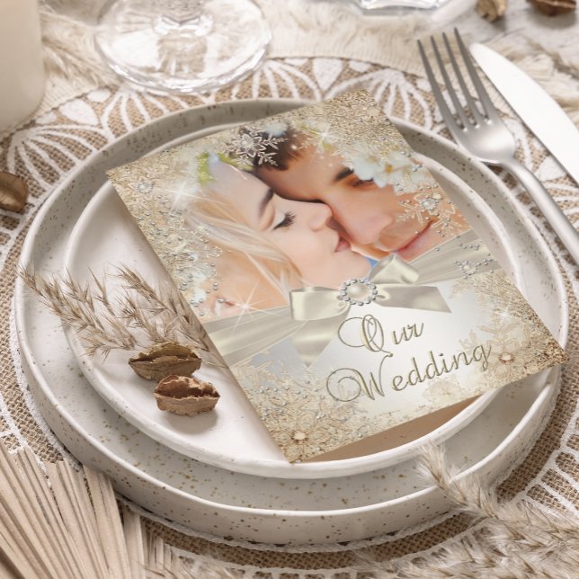Wedding Silver Beige Cream Pearl Snowflake Photo Invitation (Creator Uploaded)