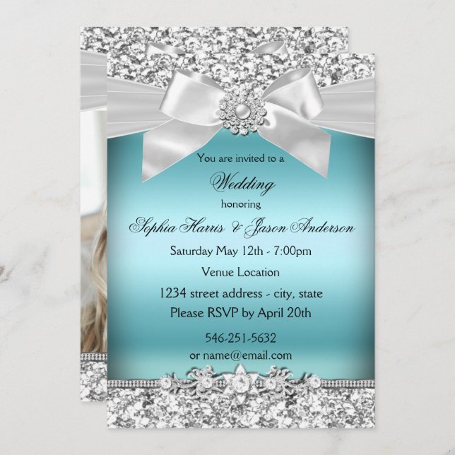 Wedding Silver Blue Glitter Jewel Bow  Invitation (Front/Back)