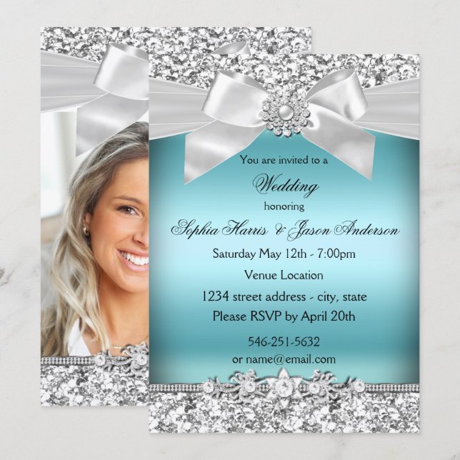 Wedding Silver Blue Glitter Jewel Bow  Invitation (Front/Back)